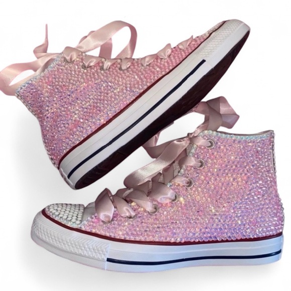 Luminous Pink & Crystal High Top Converse Sizes 5-14 New In Box With Ribbon Lace - Picture 4 of 13